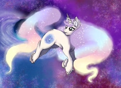 Size: 5800x4200 | Tagged: safe, artist:sugar lollipop, imported from derpibooru, oc, oc only, oc:purple galaxia, pony, unicorn, complex background, cute, ear fluff, female, floating, full body, galaxy, glowing hair, horn, looking back, mare, original character do not steal, outdoors, pastel, solo, unicorn oc