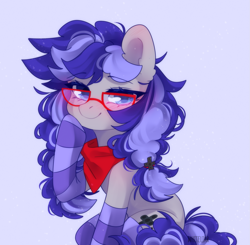 Size: 1477x1449 | Tagged: safe, artist:whiteliar, imported from derpibooru, oc, oc only, oc:cinnabyte, earth pony, pony, adorkable, bandana, blushing, cinnabetes, clothes, cute, dork, ear fluff, glasses, gray background, looking at you, ocbetes, pigtails, simple background, smug, socks, solo, striped socks