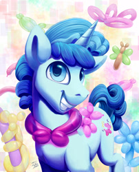 Size: 2000x2475 | Tagged: safe, artist:tsitra360, imported from derpibooru, brian (balloon animal), party favor, pony, unicorn, balloon, balloon animal, brian, cutie mark, grin, looking at you, male, smiling, solo, stallion