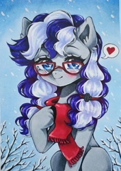 Size: 2337x3310 | Tagged: safe, artist:manekoart, imported from derpibooru, oc, oc only, oc:cinnabyte, earth pony, pony, adorkable, blushing, cinnabetes, clothes, cute, dork, ear fluff, female, glasses, heart, high res, looking at you, mare, meganekko, outdoors, pictogram, pigtails, scarf, smiling, snow, snowfall, solo, speech bubble, tree