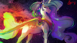 Size: 3000x1688 | Tagged: safe, artist:alumx, imported from derpibooru, princess celestia, alicorn, pony, digital art, female, frown, high res, looking back, mare, signature, solo, space, wallpaper