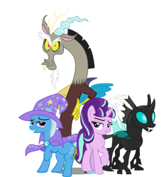 Size: 1889x2022 | Tagged: source needed, safe, artist:bluetech, artist:cezaryy, artist:dashiesparkle, artist:misterlolrus, imported from derpibooru, discord, starlight glimmer, thorax, trixie, changeling, draconequus, pony, unicorn, cape, clothes, female, hat, looking at you, looking left, male, mare, reformed four, s5 starlight, simple background, smiling, smiling at you, transparent background, trixie's cape, trixie's hat, vector