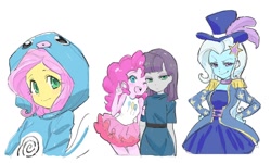 Size: 1200x721 | Tagged: safe, artist:5mmumm5, imported from derpibooru, fluttershy, maud pie, pinkie pie, trixie, poliwag, equestria girls, anime, clothes, costume, crossover, cute, dress, epaulettes, feather, female, hand on hip, hat, kigurumi, one eye closed, open mouth, peace sign, pokémon, siblings, sisters, wink