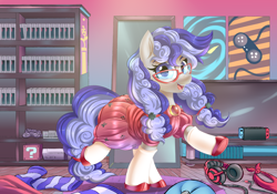 Size: 5000x3500 | Tagged: safe, artist:ask-colorsound, imported from derpibooru, oc, oc only, oc:cinnabyte, earth pony, pony, absurd resolution, adorkable, bandana, cinnabetes, clothes, cute, dork, dress, female, game cartridge, glasses, headset, looking at you, mare, meganekko, mirror, nintendo switch, pigtails, poster, room, socks, solo, striped socks, switch