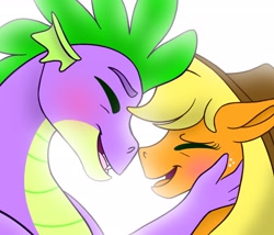 Size: 2698x2309 | Tagged: safe, artist:bella-pink-savage, artist:bellbell123, imported from derpibooru, applejack, spike, dragon, pony, applespike, blushing, bust, cute, eyes closed, female, hand on cheek, high res, jackabetes, male, older, older spike, open mouth, portrait, profile, shipping, simple background, spikabetes, straight, white background