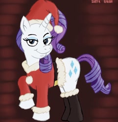Size: 739x767 | Tagged: safe, artist:scobionicle99, imported from derpibooru, rarity, pony, unicorn, boots, christmas, clothes, costume, female, hat, holiday, mare, santa costume, santa hat, shoes, solo
