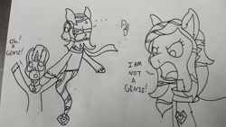 Size: 1280x720 | Tagged: safe, artist:dazzling-rose, imported from derpibooru, oc, oc only, oc:potion pony, oc:prince dazzle, earth pony, genie, genie pony, pony, unicorn, bottle, clothes, female, lineart, male, mare, monochrome, potion, scarf, stallion, traditional art, unshorn fetlocks