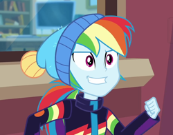 Size: 1208x949 | Tagged: safe, imported from derpibooru, screencap, rainbow dash, equestria girls, equestria girls series, holidays unwrapped, spoiler:eqg series (season 2), blizzard or bust, canterlot high, celestia's office, clothes, computer, cropped, female, grin, jacket, smiling, solo, toque, windowsill, winter hat, winter jacket, winter outfit