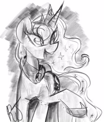 Size: 1788x2100 | Tagged: safe, artist:rarijackplz, imported from derpibooru, princess luna, alicorn, pony, ethereal mane, jewelry, missing wing, open mouth, raised hoof, regalia, sketch