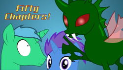 Size: 1349x774 | Tagged: safe, artist:hybrid-changling, imported from derpibooru, oc, oc only, oc:cloud calculation, oc:hybrid changeling, oc:overcast vesper, pony, unicorn, female, gradient background, green changeling, horn, male, mare, milestone, raised hoof, red eyes, stallion, unicorn oc, wide eyes