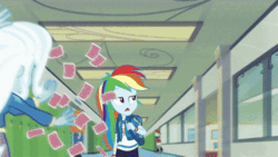 Size: 444x250 | Tagged: safe, imported from derpibooru, screencap, blueberry cake, curly winds, golden hazel, heath burns, indigo wreath, rainbow dash, rose heart, snails, snips, some blue guy, trixie, watermelody, wiz kid, equestria girls, run to break free, spoiler:eqg series (season 2), animated, backpack, beautiful, clothes, cute, dashabetes, female, geode of super speed, gif, looking at you, magical geodes, male, open mouth, singing, slow motion, talking, walking, wristband
