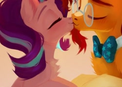 Size: 1080x770 | Tagged: safe, artist:sofiko-ko, imported from derpibooru, starlight glimmer, sunburst, pony, unicorn, blushing, bowtie, cute, eyes closed, female, glasses, kissing, male, pink background, shipping, simple background, starburst, straight