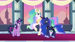 Size: 1920x1080 | Tagged: safe, imported from derpibooru, screencap, princess celestia, princess luna, twilight sparkle, alicorn, pony, the last problem, messy mane, twilight sparkle (alicorn)