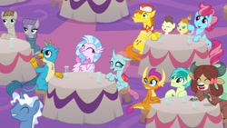 Size: 1920x1080 | Tagged: safe, imported from derpibooru, screencap, carrot cake, cup cake, gallus, maud pie, mudbriar, ocellus, pokey pierce, pound cake, pumpkin cake, sandbar, silverstream, smolder, yona, changedling, changeling, classical hippogriff, dragon, earth pony, griffon, hippogriff, pegasus, pony, unicorn, yak, the last problem, apron, bow, bowtie, clothes, cloven hooves, colt, dragoness, female, filly, foal, hair bow, hat, jewelry, male, maudbriar, monkey swings, necklace, shipping, smock, straight, student six, teenager
