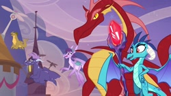 Size: 1920x1080 | Tagged: safe, imported from derpibooru, screencap, amarant, basil, princess ember, prominence, vex, dragon, the last problem, bloodstone scepter, dragoness, fan, female, male