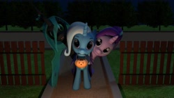 Size: 3840x2160 | Tagged: safe, artist:jansen-jack, imported from derpibooru, queen chrysalis, starlight glimmer, trixie, 3d, halloween, holiday, nightmare night
