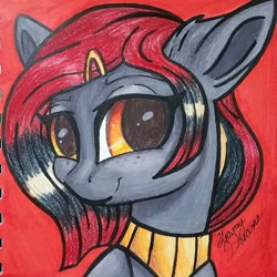 Size: 1477x1477 | Tagged: safe, artist:gleamydreams, imported from derpibooru, oc, oc only, oc:serpentine, earth pony, pony, female, freckles, hairclip, jewelry, looking at you, mare, necklace, orange eyes, red hair, smiling, smiling at you, solo, traditional art