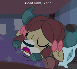 Size: 576x512 | Tagged: safe, edit, edited screencap, imported from derpibooru, screencap, yona, yak, 2 4 6 greaaat, bed, bow, cloven hooves, cropped, cute, female, hair bow, monkey swings, pillow, school of friendship, sleeping, solo, text, yonadorable