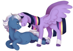 Size: 1696x1188 | Tagged: safe, artist:unicorngutz, imported from derpibooru, night glider, twilight sparkle, alicorn, pegasus, pony, alternate hairstyle, belly button, female, lesbian, looking at each other, mare, missing cutie mark, pregnant, redesign, shipping, simple background, transparent background, twiglider, twilight sparkle (alicorn)