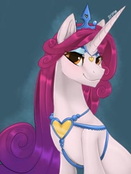 Size: 1536x2048 | Tagged: safe, artist:siripim111, idw, imported from derpibooru, princess amore, pony, unicorn, crown, cute, eyeshadow, female, horn, idw showified, jewelry, long horn, long mane, makeup, mare, regalia, smiling, solo