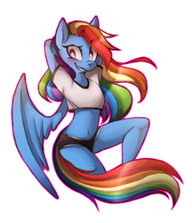 Size: 1000x1158 | Tagged: safe, artist:zloi-wolk, imported from derpibooru, rainbow dash, anthro, pegasus, arm behind head, blushing, breasts, chillaxing, clothes, delicious flat chest, female, looking at you, mare, midriff, shorts, simple background, smiling, solo, sports shorts, white background