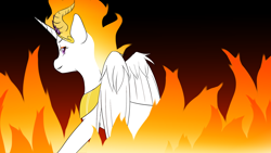 Size: 1920x1080 | Tagged: safe, artist:angelscribs, imported from derpibooru, nightmare star, alicorn, pony, crown, female, fire, horns, jewelry, mare, regalia, solo