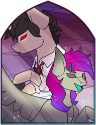 Size: 785x1018 | Tagged: safe, artist:ak4neh, imported from derpibooru, oc, oc only, oc:leon, oc:shyluna, pegasus, pony, unicorn, couple, female, male, mare, simple background, stained glass, stallion, straight, transparent background