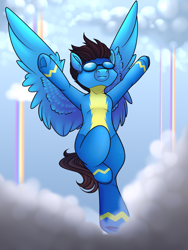 Size: 3543x4724 | Tagged: safe, artist:buvanybu, imported from derpibooru, oc, oc only, pegasus, pony, clothes, flying, male, solo, uniform, wonderbolts uniform, ych result