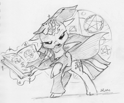 Size: 1735x1447 | Tagged: safe, artist:dilarus, deleted from derpibooru, imported from derpibooru, twilight sparkle, alicorn, hybrid, pony, tiefling, black sclera, book, cloven hooves, dungeons and dragons, female, magic, mare, monochrome, pen and paper rpg, rpg, simple background, telekinesis, traditional art, white background, wizard