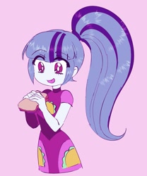 Size: 1281x1538 | Tagged: safe, artist:rileyav, imported from derpibooru, sonata dusk, equestria girls, equestria girls series, spoiler:eqg series (season 2), cute, female, food, minidress, pink background, sandwich, simple background, solo, sonatabetes, taco dress