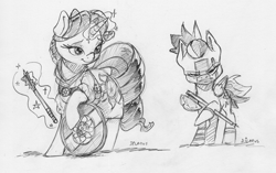 Size: 2273x1428 | Tagged: safe, artist:dilarus, deleted from derpibooru, imported from derpibooru, rainbow dash, rarity, dwarf, hybrid, pegasus, pony, unicorn, axe, barbarian, cleric, cutie mark, dungeons and dragons, fantasy class, female, mace, magic, mare, monochrome, pen and paper rpg, rpg, shield, simple background, sun, telekinesis, traditional art, weapon, white background, woad