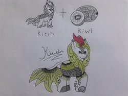 Size: 4096x3072 | Tagged: safe, artist:juani236, imported from derpibooru, oc, oc only, oc:kiwin, kirin, food, fruit, fusion, kirin oc, kiwi fruit, pun, solo, traditional art