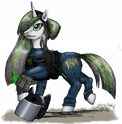 Size: 2415x2457 | Tagged: safe, artist:edhelistar, derpibooru exclusive, imported from derpibooru, oc, oc only, oc:platinum law, pony, unicorn, fallout equestria, fallout equestria: dark shroud, baton, bulletproof vest, clothes, commission, dock, emerald eyes, female, gray mane, green mane, jumpsuit, kanji, mare, mixed media, pipboy, pipbuck, police baton, riot gear, signature, simple background, solo, stable jumpsuit, stable-tec, tengwar, vault security armor, vault suit, white background, white coat