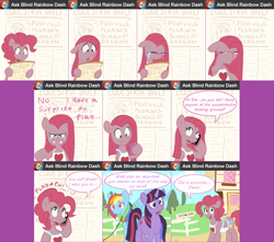 Size: 2006x1772 | Tagged: safe, artist:pippy, imported from derpibooru, pinkie pie, rainbow dash, twilight sparkle, pony, pinkiepieskitchen, apron, askblinddash, blind, cellphone, clothes, comic, leash, newspaper, phone, pinkamena diane pie