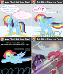 Size: 1002x1180 | Tagged: safe, artist:pippy, imported from derpibooru, pinkie pie, rainbow dash, twilight sparkle, pony, pinkiepieskitchen, apron, askblinddash, blind, clothes, comic, crying, flying, tears of joy, wind tunnel