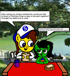 Size: 1904x2092 | Tagged: safe, artist:sebtheartist, deleted from derpibooru, imported from derpibooru, oc, oc only, oc:filly anon, oc:ponyseb, human, pegasus, bench, cheese sandwich (food), digital art, female, filly, food, grass, irl, irl human, juice, juice box, lake, photo, picnic, plastic bag, sandwich, speech bubble, stranger danger, tablecloth, tree