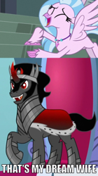 Size: 700x1248 | Tagged: safe, edit, edited screencap, imported from derpibooru, screencap, king sombra, silverstream, hippogriff, pony, umbrum, school daze, the beginning of the end, caption, eyes closed, fangs, female, image macro, king sombra does love stairs, male, meme, open mouth, raised hoof, shipping, sombrastream, stairs, straight, text, that hippogriff sure does love stairs, that pony sure does love stairs, that's my x