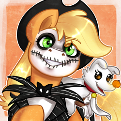 Size: 3000x3000 | Tagged: safe, artist:annakitsun3, imported from derpibooru, applejack, winona, dog, earth pony, pony, applejack skellington, clothes, cosplay, costume, digital art, disney, female, halloween, holiday, jack skellington, the nightmare before christmas, zero (the nightmare before christmas)