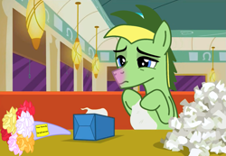 Size: 1075x743 | Tagged: safe, artist:didgereethebrony, edit, edited screencap, imported from derpibooru, screencap, oc, oc only, oc:didgeree, pegasus, pony, the saddle row review, cafe, cold, flower, sick, solo, tissue, tissue box