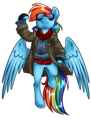 Size: 3000x4000 | Tagged: safe, artist:annakitsun3, imported from derpibooru, rainbow dash, pegasus, pony, clothes, coat, digital art, female, fingerless gloves, gloves, goggles, mare, simple background, solo, spread wings, sunglasses, the breakfast club, transparent background, wings