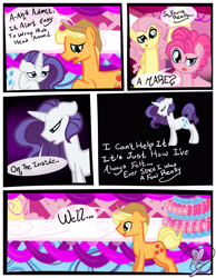 Size: 3500x4500 | Tagged: safe, artist:becauseimpink, imported from derpibooru, applejack, fluttershy, pinkie pie, rarity, earth pony, pony, unicorn, comic:transition, applejack (male), bubble berry, butterscotch, cake, comic, confused, dialogue, elusive, eyes closed, food, freckles, hat, male, rule 63, stallion, transgender