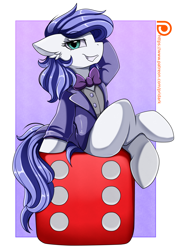 Size: 2550x3509 | Tagged: safe, artist:pridark, imported from derpibooru, oc, oc only, oc:crowne prince, earth pony, pony, arm behind head, bowtie, clothes, crossed hooves, crossed legs, cuphead, digital art, female, grin, high res, king dice, mare, patreon, patreon logo, patreon reward, sitting, smiling, solo, suit