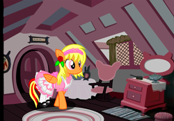 Size: 2597x1817 | Tagged: safe, artist:avchonline, imported from derpibooru, oc, oc only, oc:sean, pegasus, pony, alice in wonderland, blushing, clothes, colt, crossdressing, crossover, disney, dress, femboy, flower, flower in hair, male, pegasus oc, shoes, sissy, solo, wings