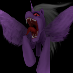 Size: 800x800 | Tagged: safe, artist:auroraswirls, imported from derpibooru, oc, oc only, oc:aurora swirls, alicorn, pony, alicorn oc, black background, fangs, female, horn, mare, nightmare fuel, running, sharp teeth, simple background, solo, spread wings, teeth, wings