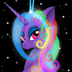 Size: 800x800 | Tagged: safe, artist:auroraswirls, imported from derpibooru, oc, oc only, oc:aurora swirls, alicorn, pony, alicorn oc, bust, female, horn, jewelry, makeup, mare, multicolored hair, rainbow hair, solo, stars, tiara