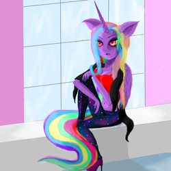 Size: 800x800 | Tagged: safe, artist:auroraswirls, imported from derpibooru, oc, oc only, oc:aurora swirls, alicorn, anthro, alicorn oc, clothes, female, high heels, horn, jacket, multicolored hair, pants, rainbow hair, shoes, sitting, solo