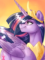 Size: 3000x4000 | Tagged: safe, artist:annakitsun3, imported from derpibooru, twilight sparkle, alicorn, pony, the last problem, big crown thingy 2.0, big crown thingy 3.0, crown, digital art, end of ponies, female, gradient background, jewelry, lidded eyes, mare, older, older twilight, peytral, princess twilight 2.0, regalia, smiling, solo, twilight sparkle (alicorn)