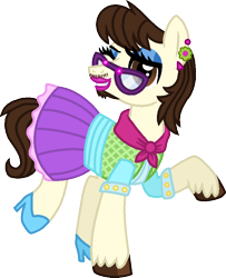 Size: 680x838 | Tagged: safe, artist:starryoak, imported from derpibooru, gizmo, earth pony, pony, clothes, crossdressing, ear piercing, earring, eyeshadow, facial hair, glasses, high heels, jewelry, lipstick, looking at you, makeup, male, moustache, older, one eye closed, piercing, raised hoof, shirt, shoes, simple background, skirt, solo, stallion, transparent background, unshorn fetlocks, wink