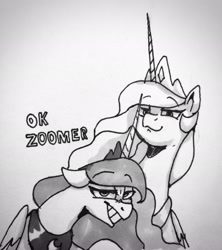 Size: 1816x2048 | Tagged: safe, artist:anticular, imported from derpibooru, princess celestia, princess luna, alicorn, pony, crown, duo, duo female, female, grayscale, grin, jewelry, looking at you, mare, monochrome, ok boomer, ok zoomer, peytral, regalia, siblings, sisters, smiling, smug