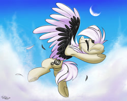 Size: 2000x1600 | Tagged: safe, artist:hydrargyrum, imported from derpibooru, oc, oc only, pegasus, pony, armpits, cloud, colored wings, dancing, eyes closed, feather, female, flying, mare, moon, multicolored wings, solo, underhoof, wings